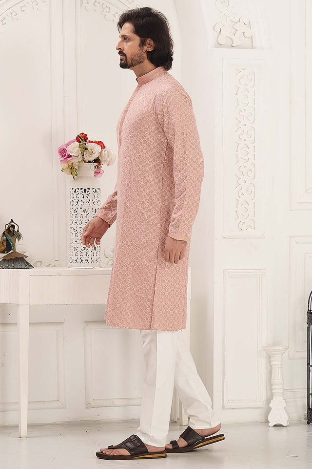 Pink Sequin Rayon Men's Kurta Set