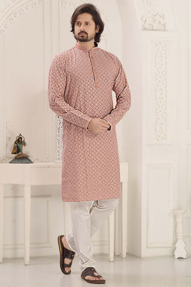 Pink Sequin Rayon Men's Kurta Set