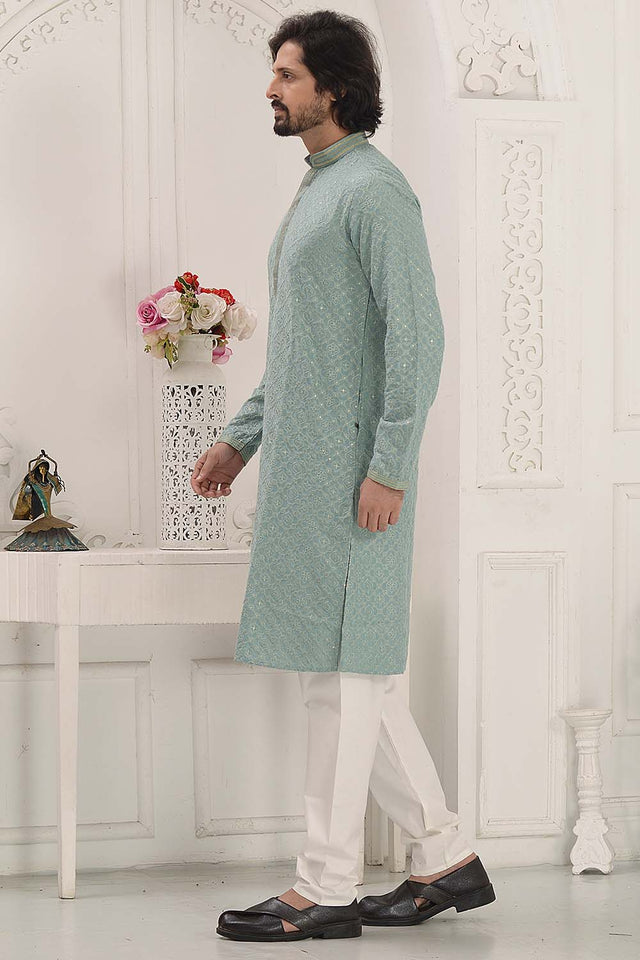 Turquoise Sequin Rayon Men's Kurta Set