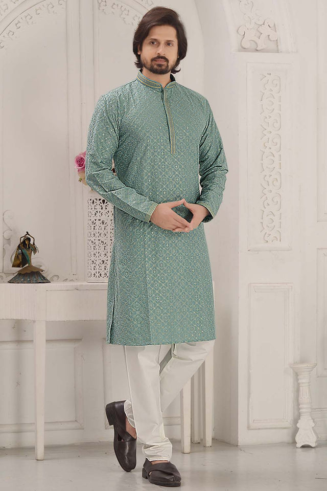 Turquoise Sequin Rayon Men's Kurta Set