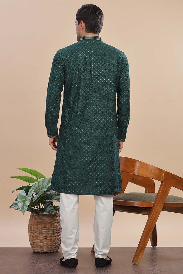Green Sequin Rayon Men's Kurta Set