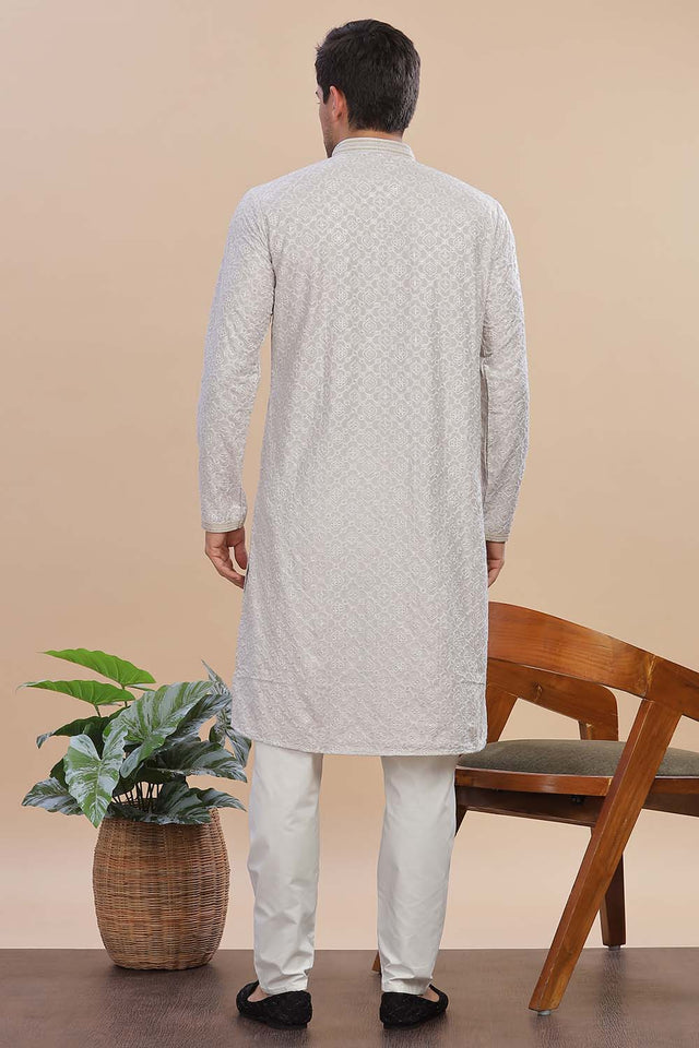 Grey Sequin Rayon Men's Kurta Set