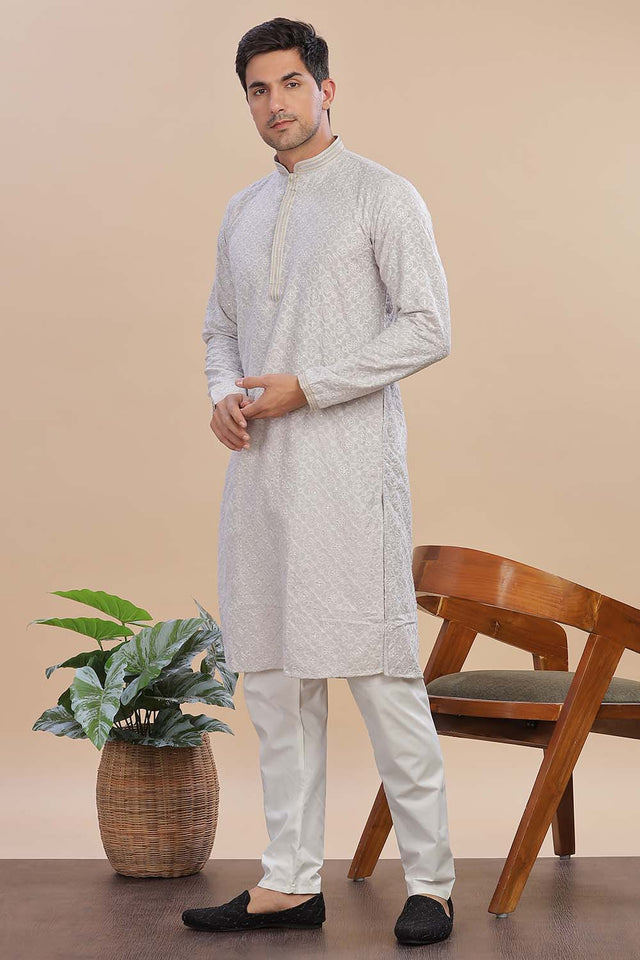 Grey Sequin Rayon Men's Kurta Set