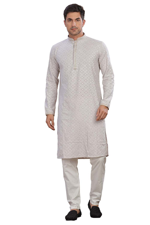 Grey Sequin Rayon Men's Kurta Set
