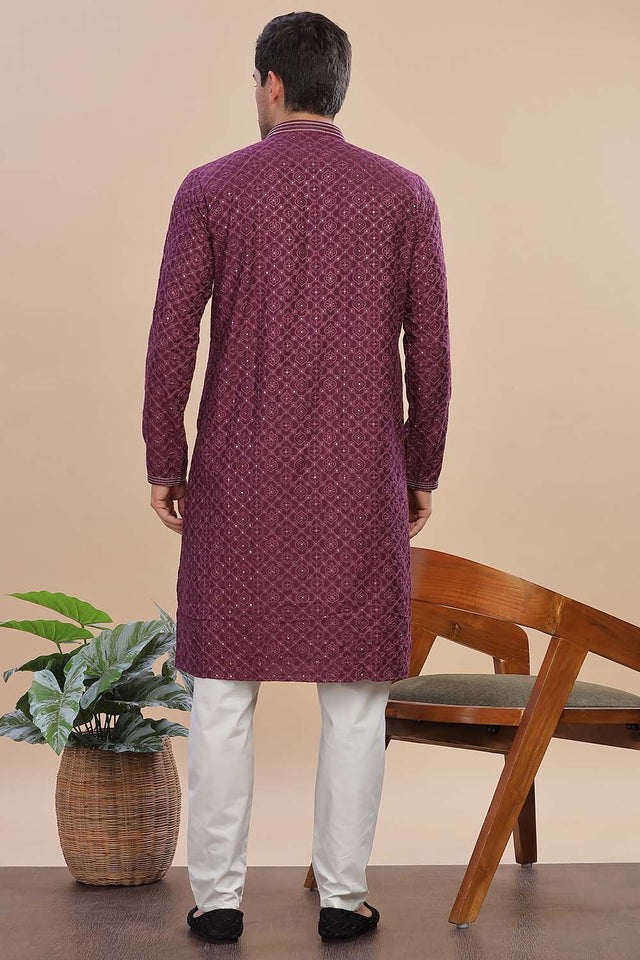 Red Sequin Rayon Men's Kurta Set