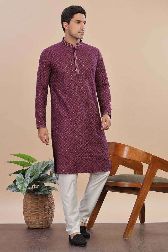 Red Sequin Rayon Men's Kurta Set