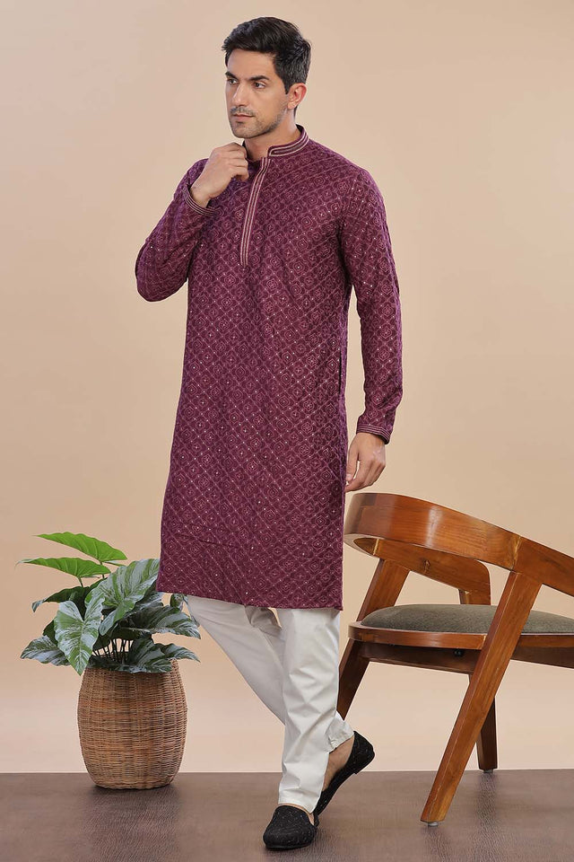 Red Sequin Rayon Men's Kurta Set