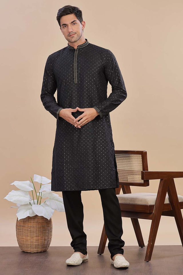 Black Sequin Rayon Men's Kurta Set