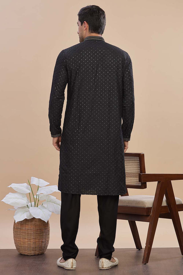 Black Sequin Rayon Men's Kurta Set