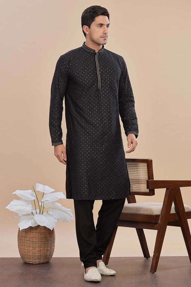 Black Sequin Rayon Men's Kurta Set