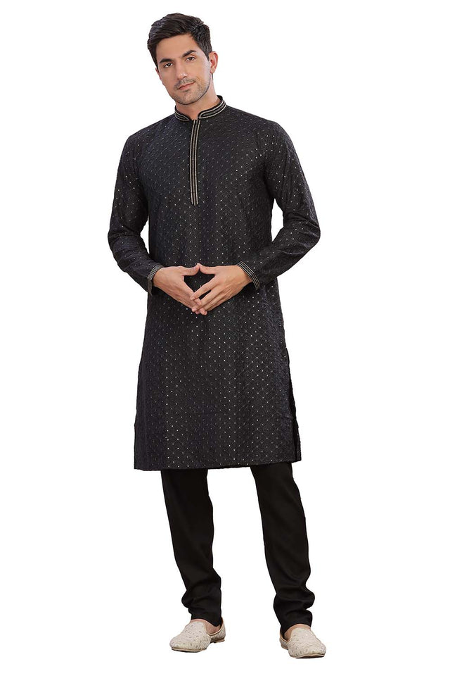 Black Sequin Rayon Men's Kurta Set