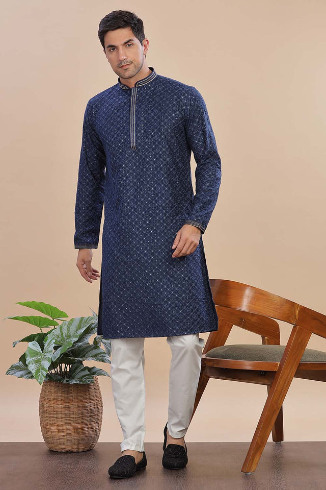 Blue Sequin Rayon Men's Kurta Set