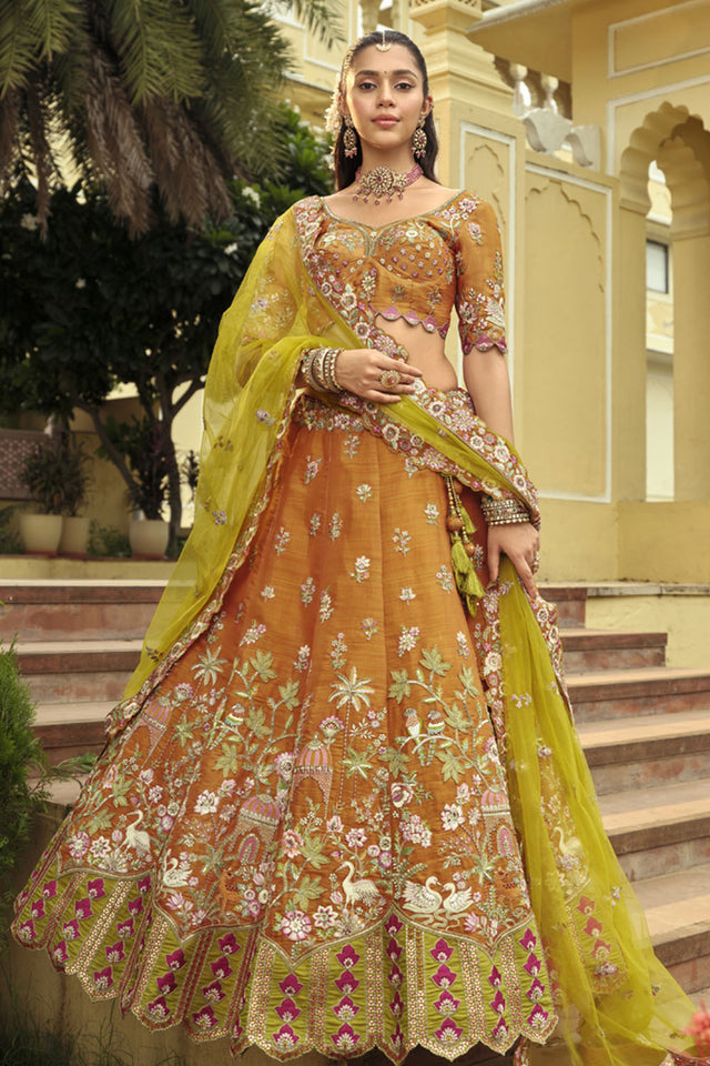 Mustard Floral Embroidered Silk Lehenga