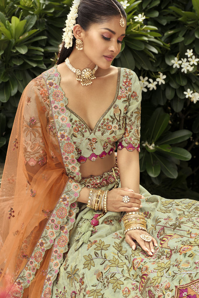 Green Floral Embroidered Silk Lehenga