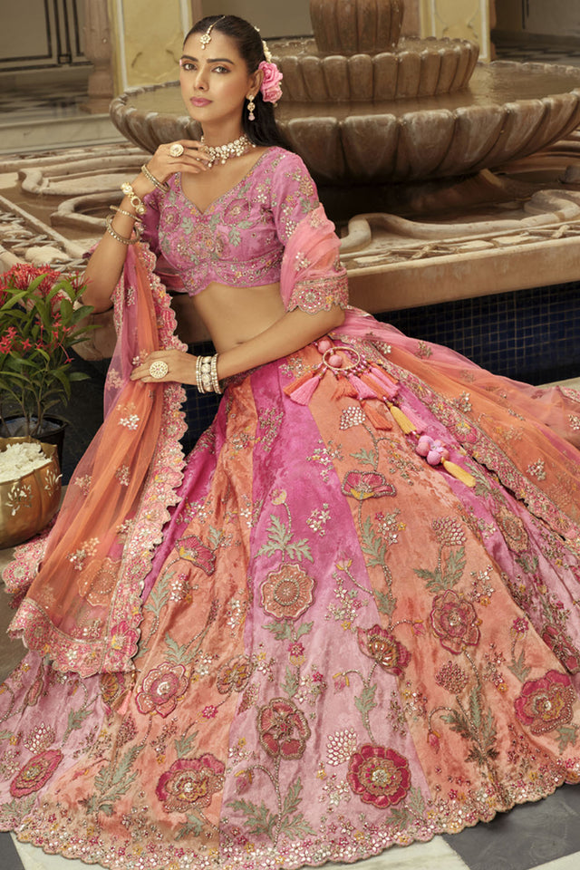 Pink Floral Embroidered Silk Lehenga