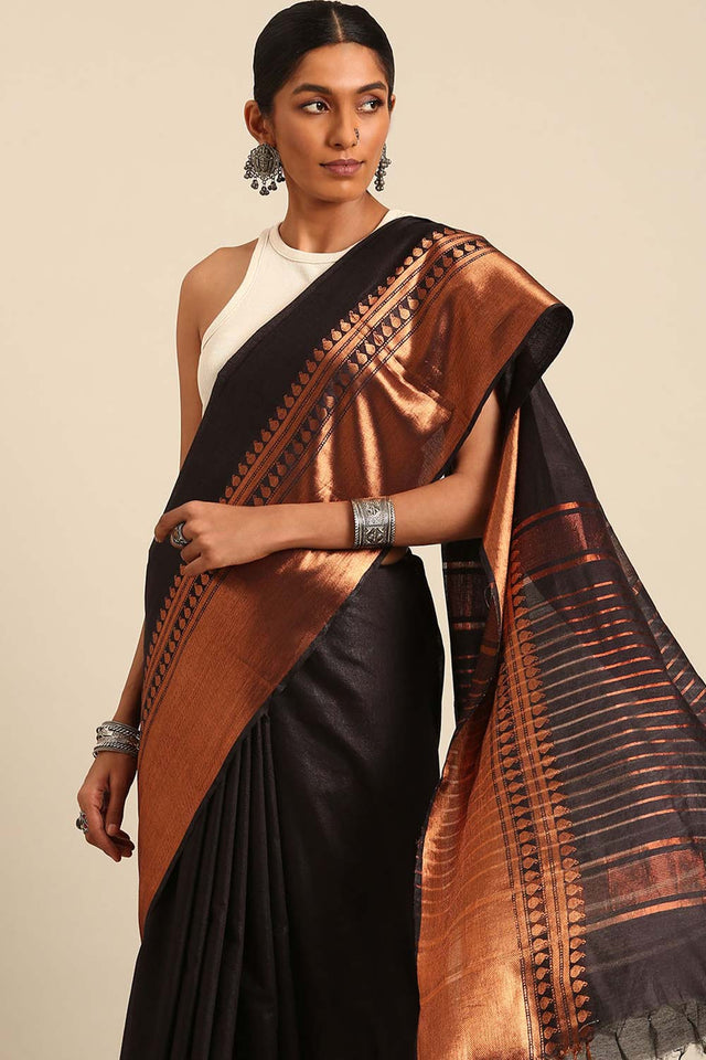 Black Silk Blend Woven Saree