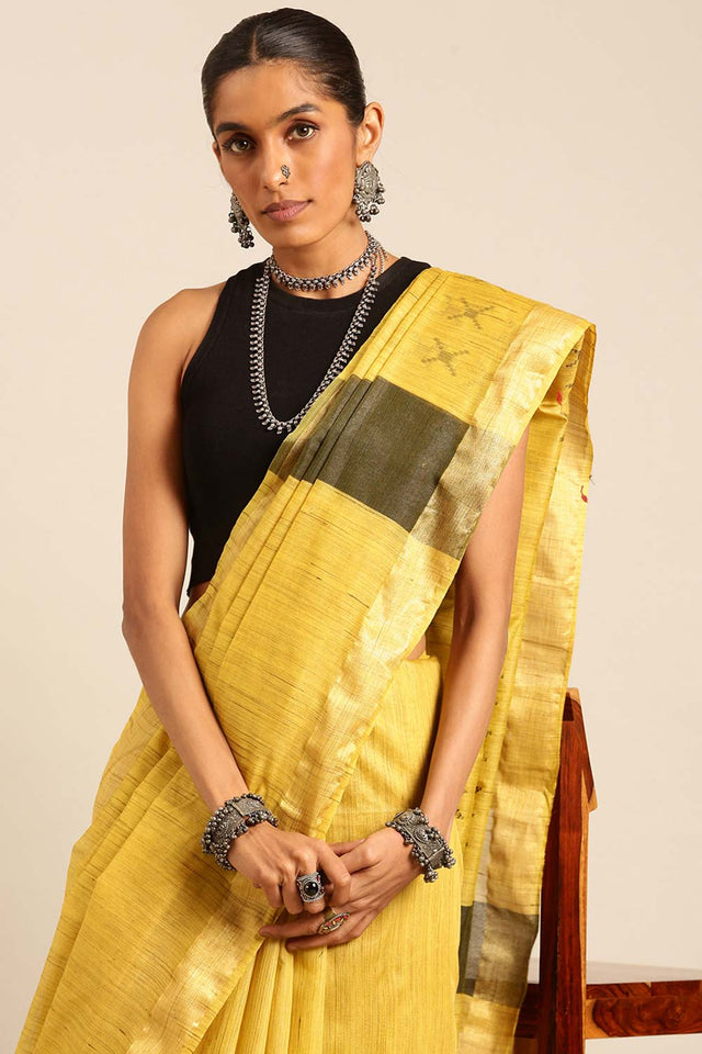 Yellow Silk Blend Woven Saree