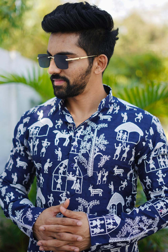 Blue Chickankari Silk Men's Kurta Set