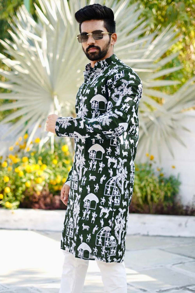 Green Chickankari Silk Men's Kurta Set