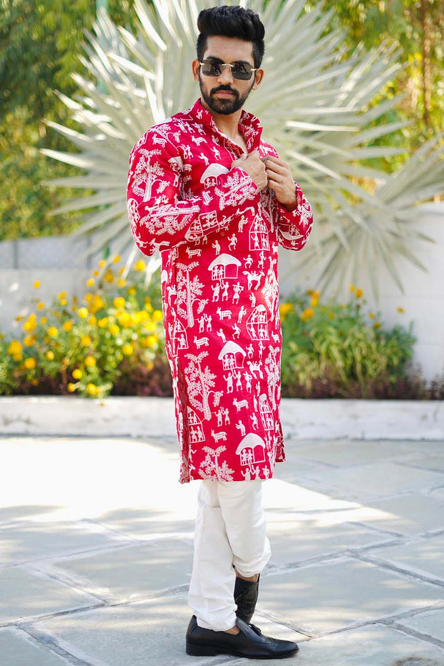 Red Chickankari Silk Men's Kurta Set