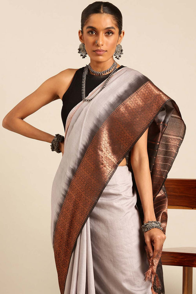 Grey Silk Blend Woven Saree (THMELH4E2079)