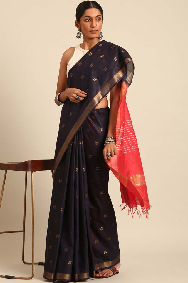 Blue Silk Blend Woven Saree (TJMBRF4H2125)