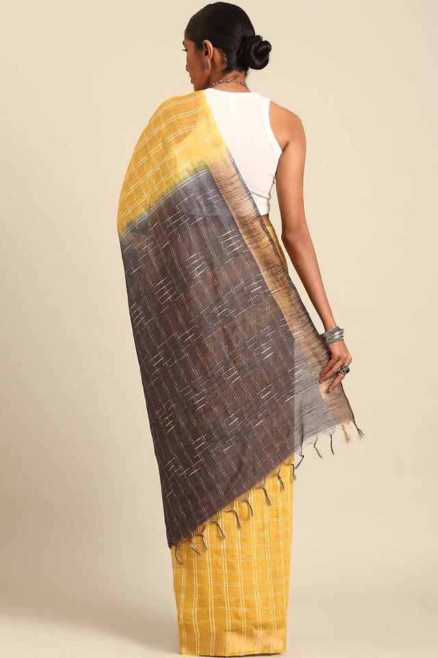 Yellow Silk Blend Woven Saree