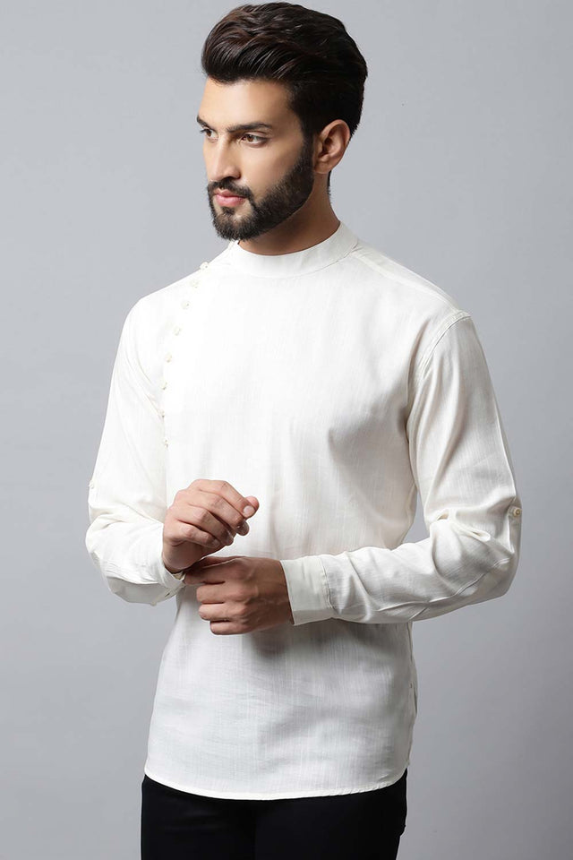 Men's Light White Solid Full Sleeve Short Kurta Top (Size: XS)