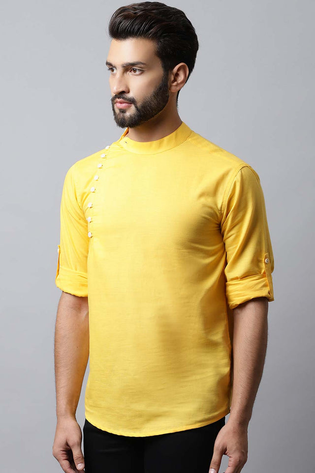 Men's Light Yellow Solid Full Sleeve Short Kurta Top M