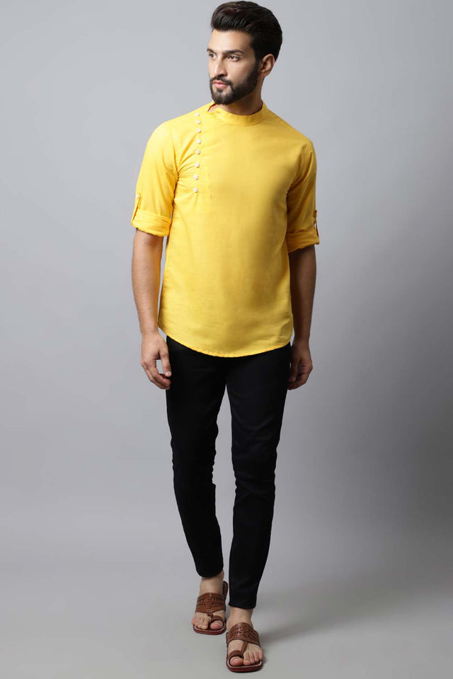 Men's Light Yellow Solid Full Sleeve Short Kurta Top M