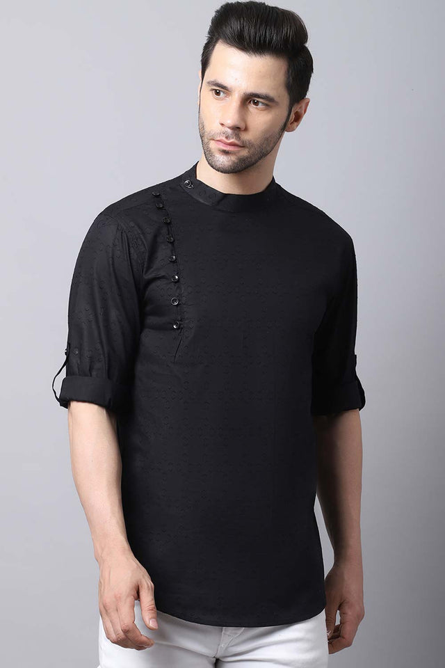 Men's Dark Black Solid Full Sleeve Short Kurta Top - L