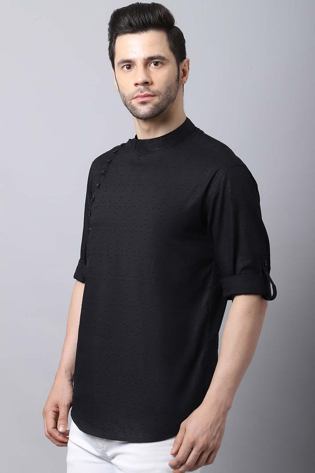 Men's Dark Black Solid Full Sleeve Short Kurta Top - L