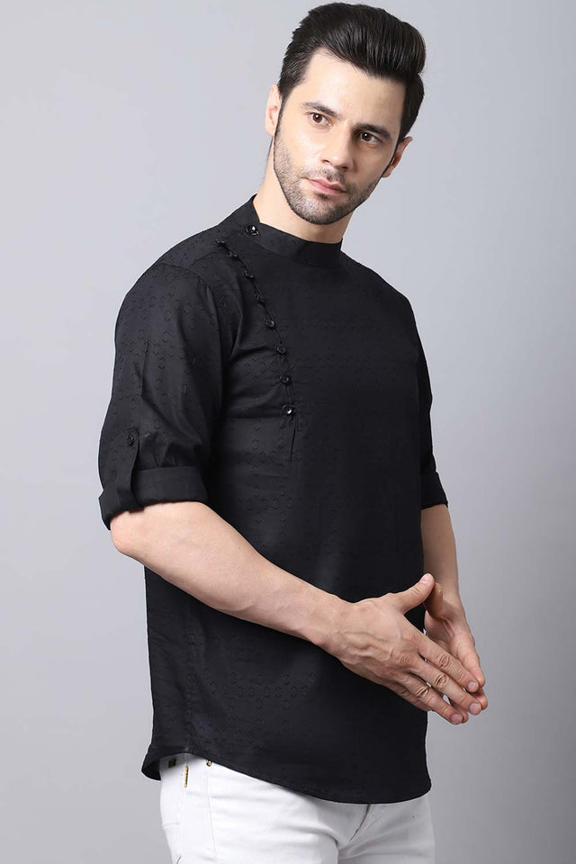 Men's Dark Black Solid Full Sleeve Short Kurta Top - L