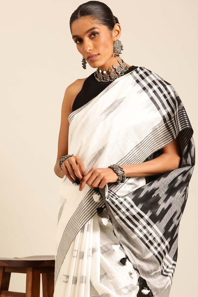 White Linen Blend Woven Saree (TMUWLF4E2070)