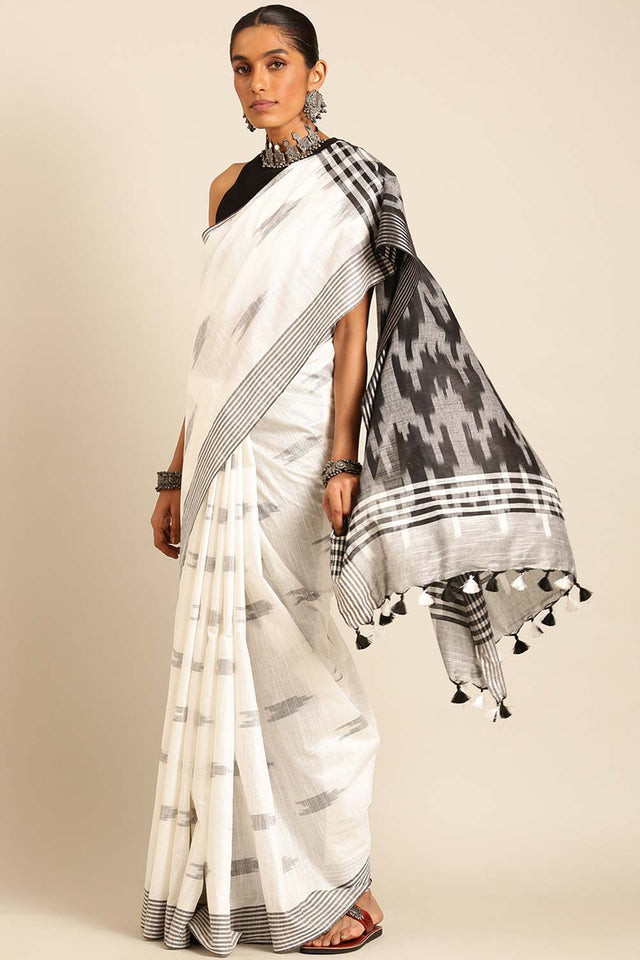 White Linen Blend Woven Saree (TMUWLF4E2070)