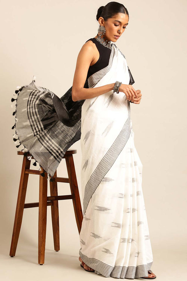 White Linen Blend Woven Saree (TMUWLF4E2070)