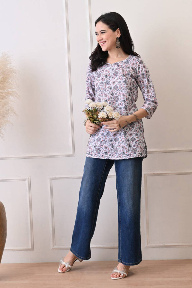 Multi Color Floral Printed Rayon Short Kurti