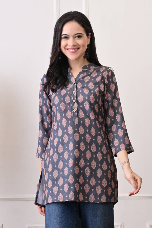 Green Printed Rayon Short Kurti