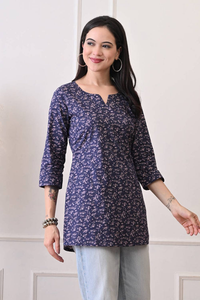 Blue Printed Rayon Short Kurti