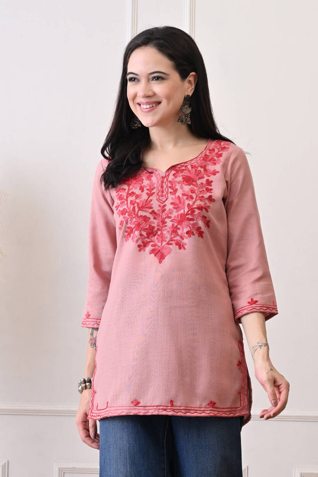 Peach Embroidered Cotton Blend Short Kurti