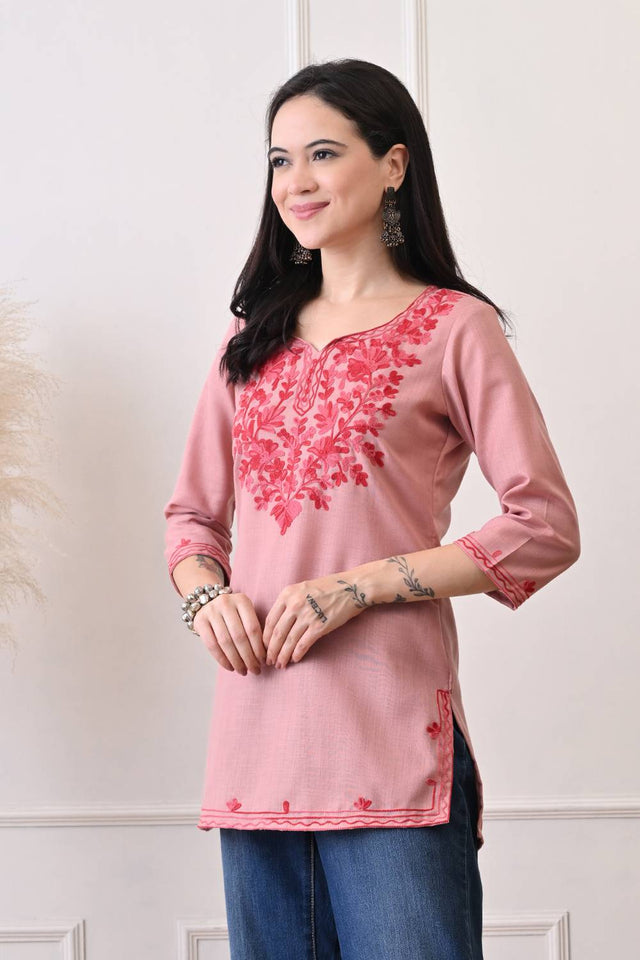 Peach Embroidered Cotton Blend Short Kurti