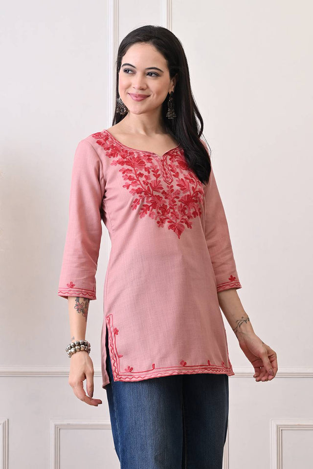 Peach Embroidered Cotton Blend Short Kurti