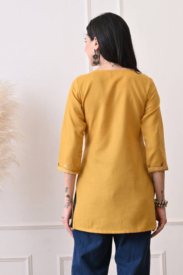 Mustard Embroidered Cotton Blend Short Kurti