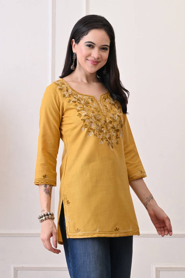 Mustard Embroidered Cotton Blend Short Kurti