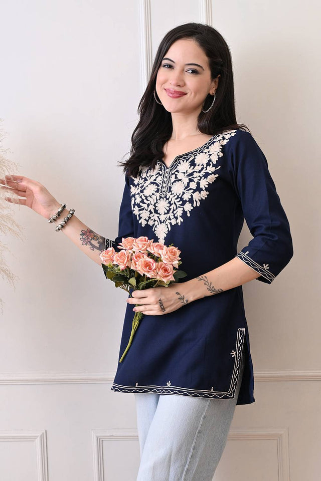 Blue Embroidered Cotton Blend Short Kurti