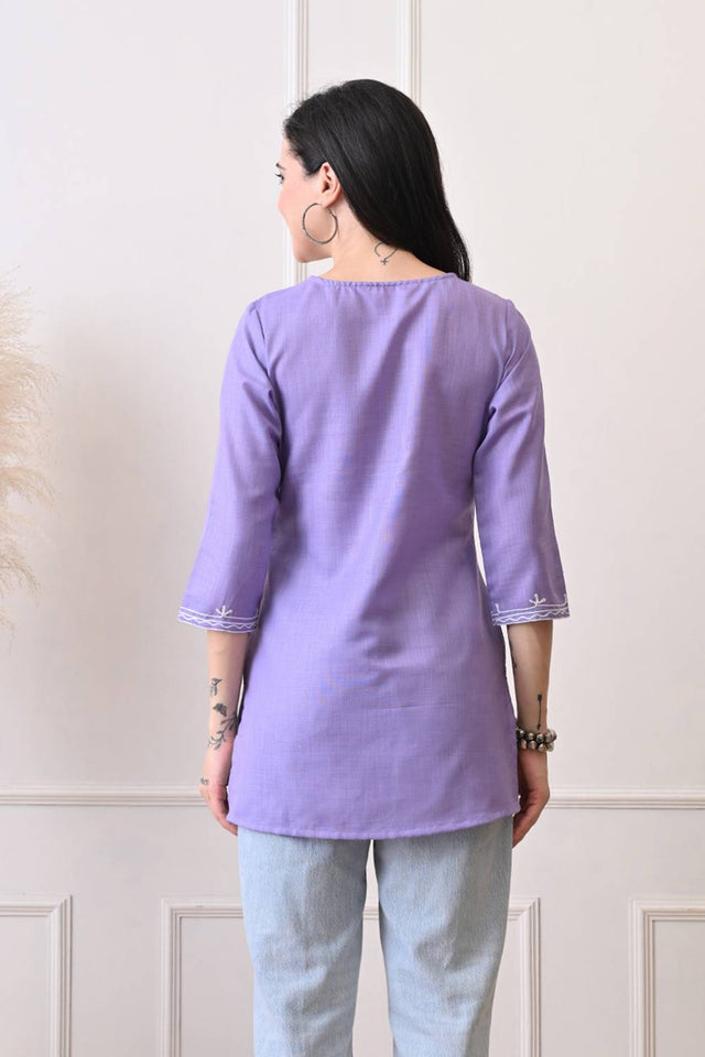 Lavender Embroidered Cotton Blend Short Kurti