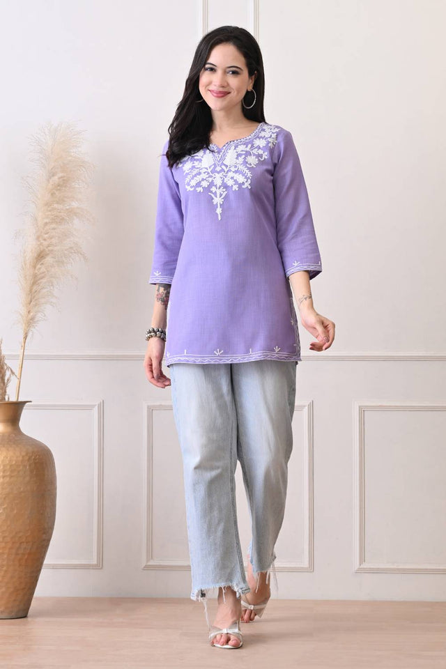 Lavender Embroidered Cotton Blend Short Kurti
