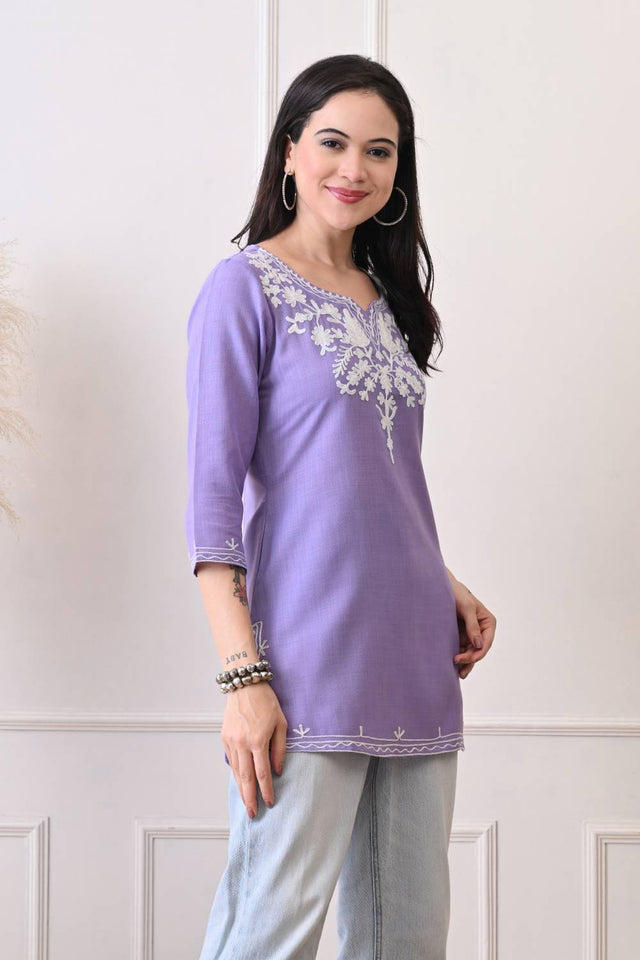 Lavender Embroidered Cotton Blend Short Kurti