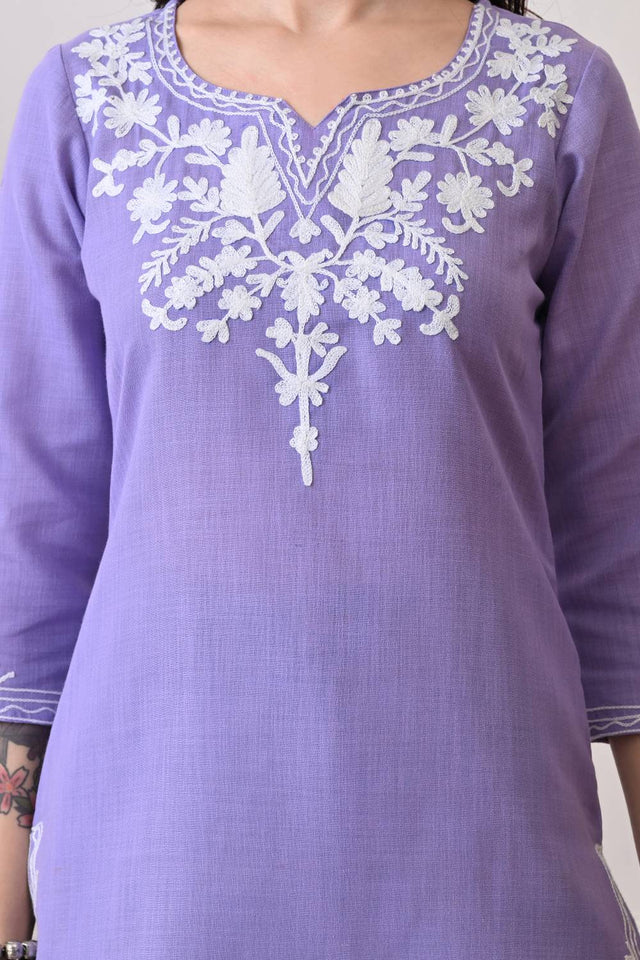 Lavender Embroidered Cotton Blend Short Kurti