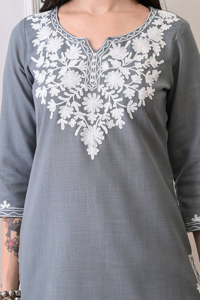 Grey Embroidered Cotton Blend Short Kurti